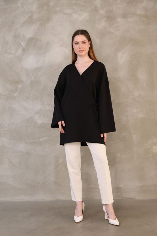 Yan Bağlamalı Atlas Tunik-Siyah