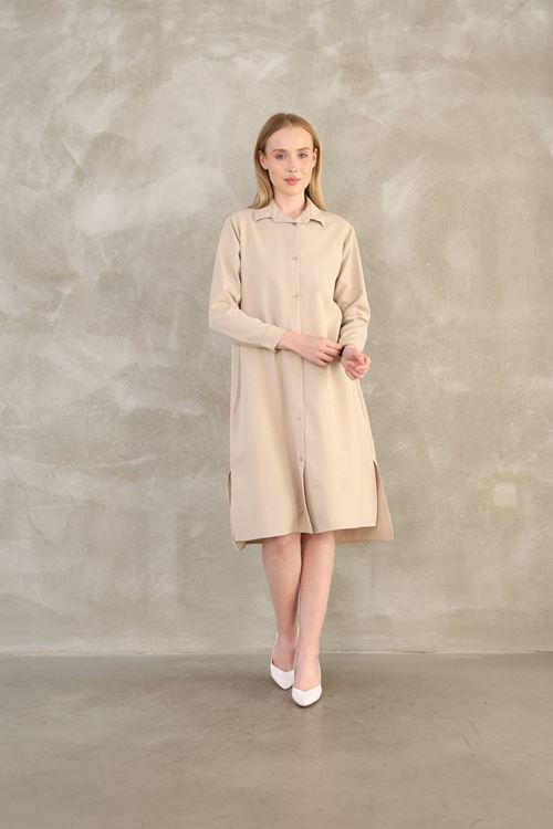 Kadın Düğme detaylı Gömlek Yaka Full Boydan Düğmeli Rahat Kalıp Uzun Tesettür Tunik-Taş