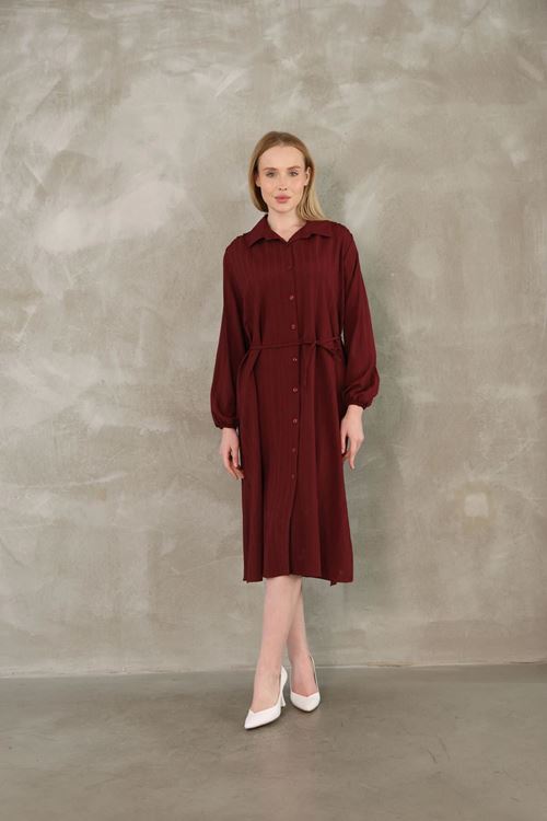 Arka Roba Büzgü Detay Elbise-Bordo