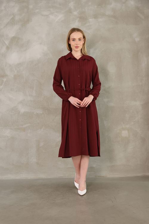 Arka Roba Büzgü Detay Elbise-Bordo