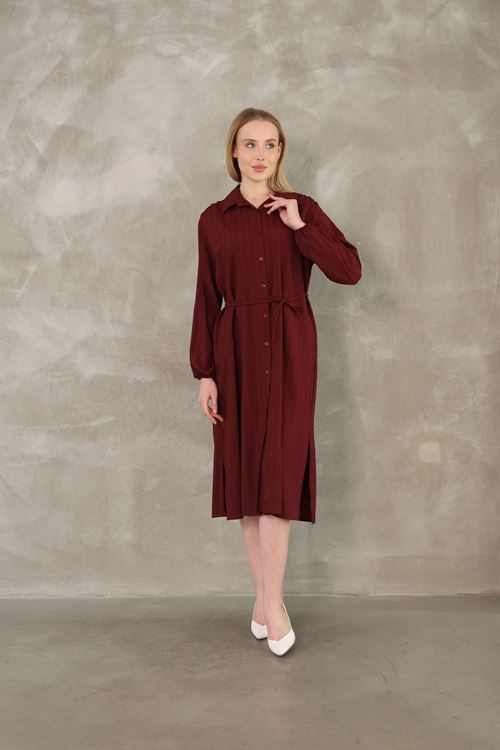 Arka Roba Büzgü Detay Elbise-Bordo