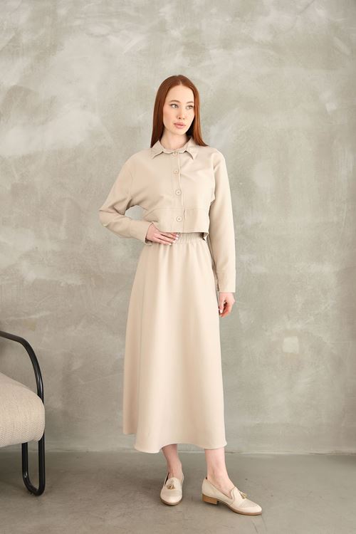 Sıralı Dikiş Detay Etekli Takım-Taş