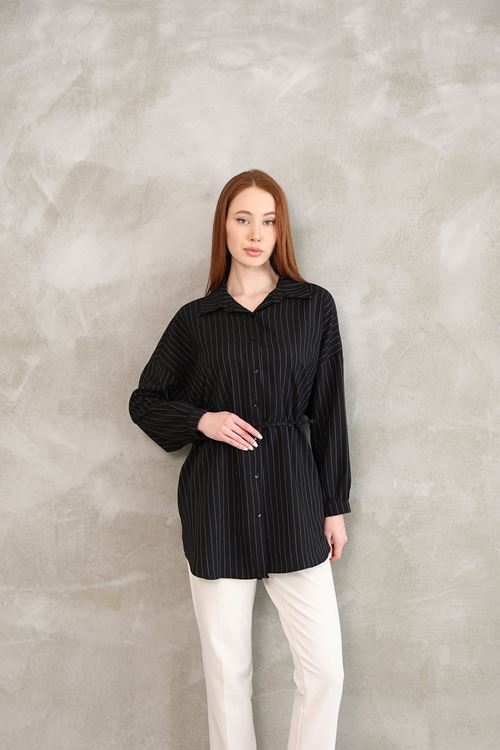 Arka Roba Detay Çizgili Tunik-Siyah