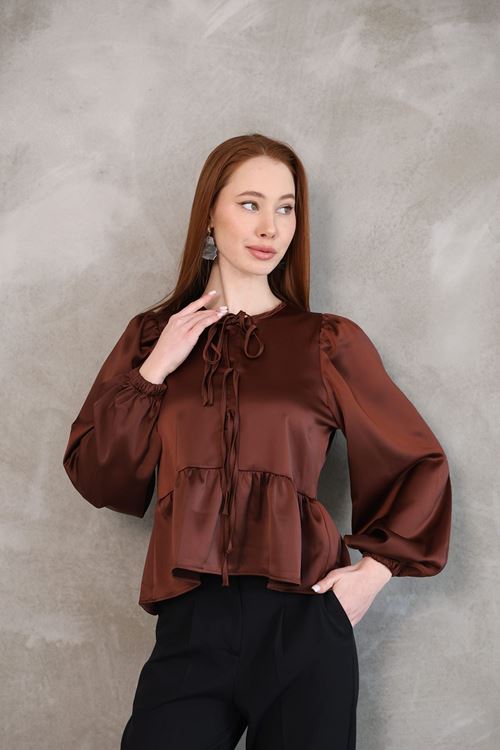 Yaka Biye Etek Büzgülü Tunik-Kahve