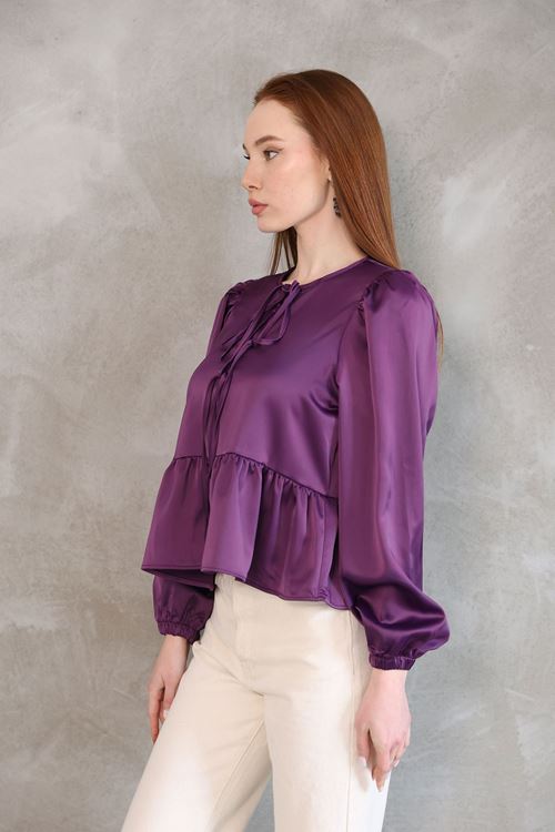 Yaka Biye Etek Büzgülü Tunik-Mor