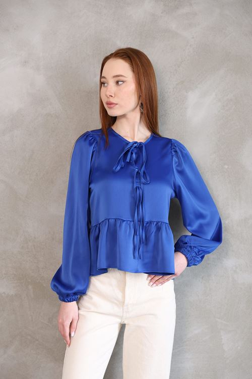 Yaka Biye Etek Büzgülü Tunik-Saks