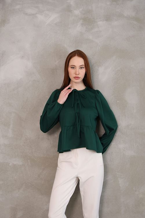 Yaka Biye Etek Büzgülü Tunik-Siyah