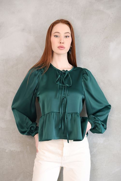 Yaka Biye Etek Büzgülü Tunik-Zümrüt Yeşili