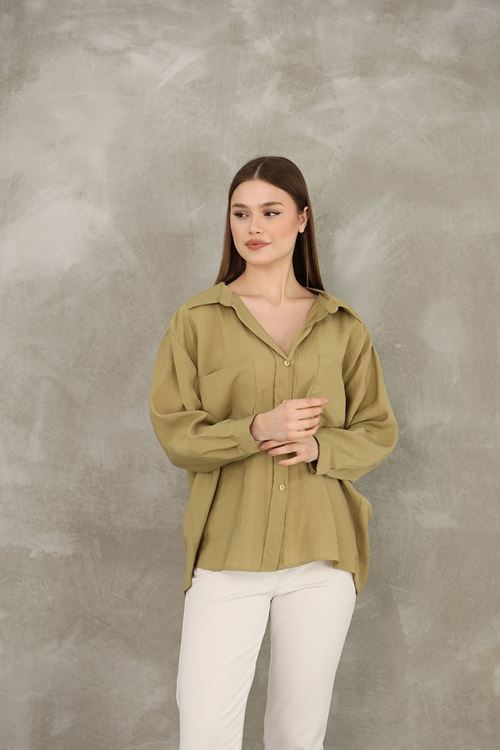 Çift Cep Dokuma Modal Tunik-YAĞ YEŞİLİ