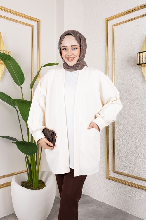 Cep Detay Atlas Hırka-Ekru