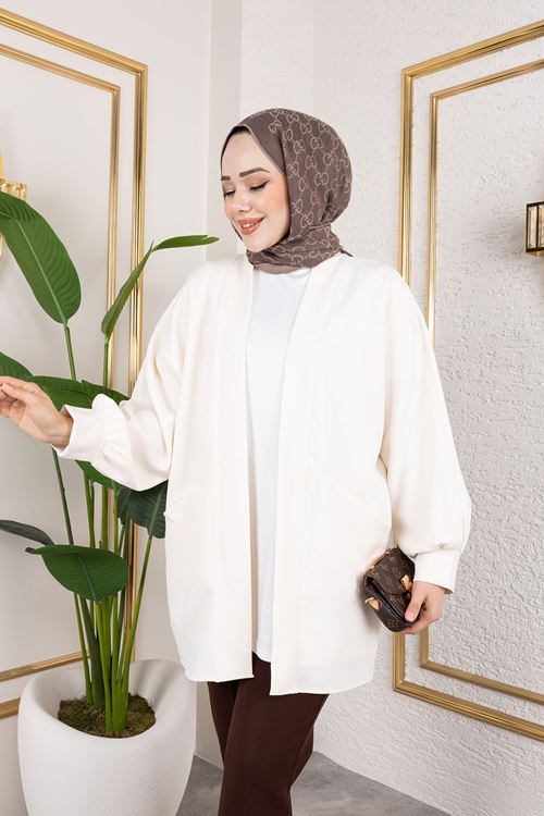 Cep Detay Atlas Hırka-Ekru