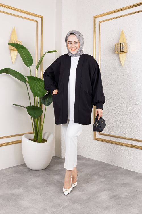 Cep Detay Atlas Hırka-Siyah