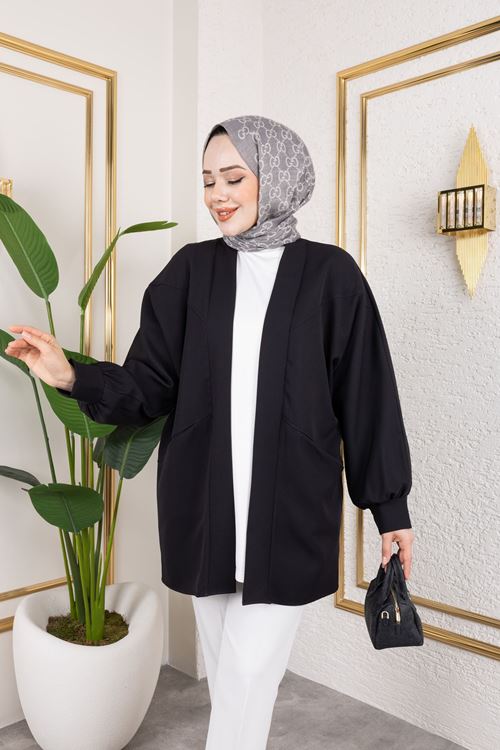 Cep Detay Atlas Hırka-Siyah