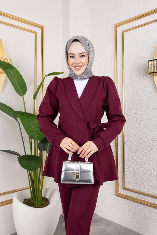 Kuşak Detay Ceketli Takım-Bordo