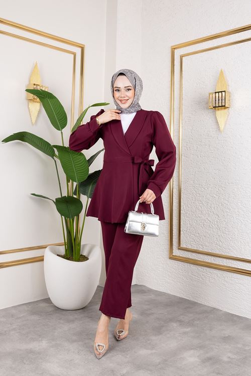 Kuşak Detay Ceketli Takım-Bordo