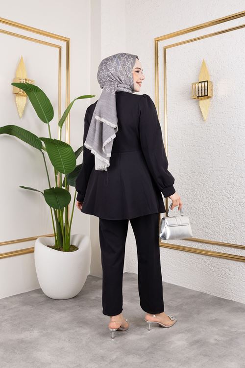 Kuşak Detay Ceketli Takım-Siyah
