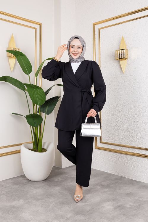 Kuşak Detay Ceketli Takım-Siyah