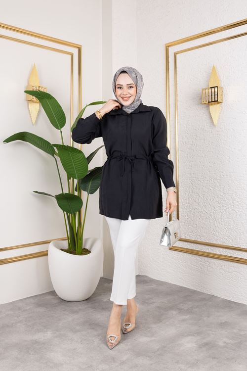 Kadın Beli Tünel Kuşak Detaylı Gölek Yaka Trend Yazlık Modest Modal Kumaş Tesettür Tunik-Siyah