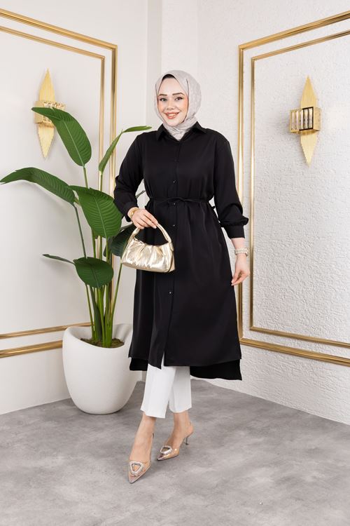 Kadın Yırtmaç Detaylı Kuşaklı Gömlek Yaka Boydan Düğmeli Uzıun Tesettür Tunik-Siyah