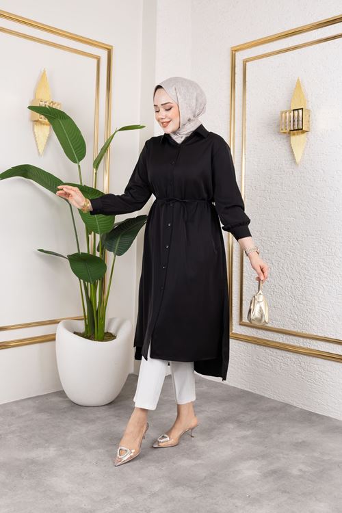 Kadın Yırtmaç Detaylı Kuşaklı Gömlek Yaka Boydan Düğmeli Uzıun Tesettür Tunik-Siyah