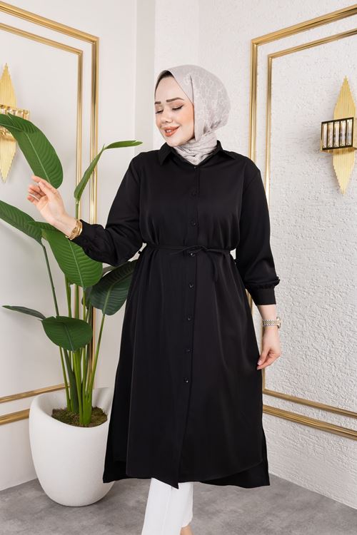 Kadın Yırtmaç Detaylı Kuşaklı Gömlek Yaka Boydan Düğmeli Uzıun Tesettür Tunik-Siyah