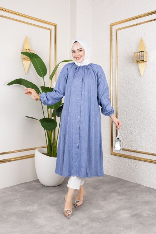 Kadın Kolu Lastikli Yaka Bağlama Detaylı Salaş Rahat Kalıp Boydan Düğmeli Uzun Tesettür Tunik-İndigo