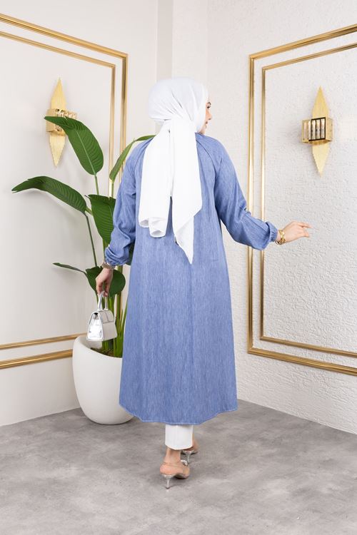 Kadın Kolu Lastikli Yaka Bağlama Detaylı Salaş Rahat Kalıp Boydan Düğmeli Uzun Tesettür Tunik-İndigo