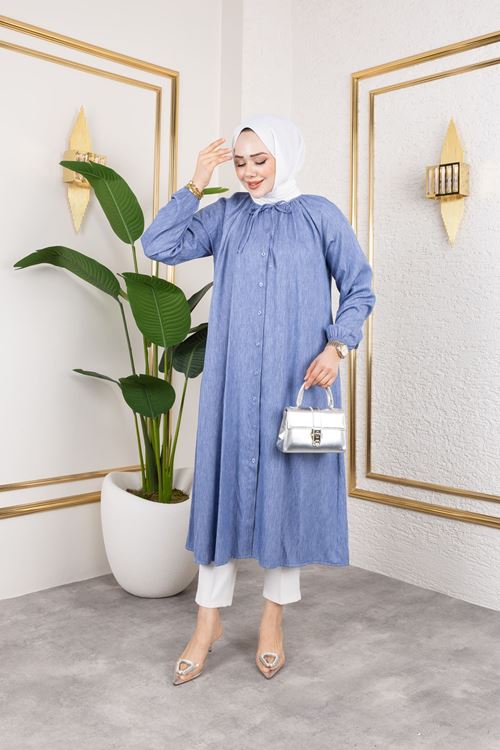 Kadın Kolu Lastikli Yaka Bağlama Detaylı Salaş Rahat Kalıp Boydan Düğmeli Uzun Tesettür Tunik-İndigo