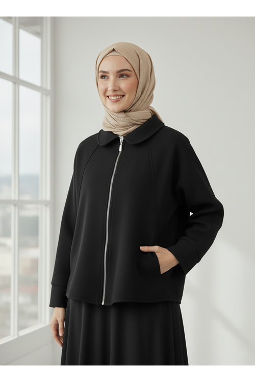 Fermuarlı Cepli Panço-Siyah