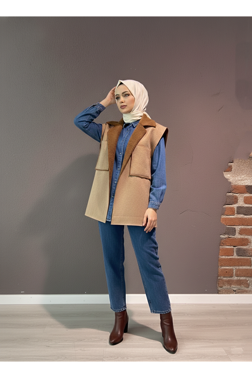 Kürklü Süet Üstten Çift Cepli Ceket-Bej