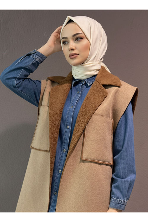 Kürklü Süet Üstten Çift Cepli Ceket-Bej