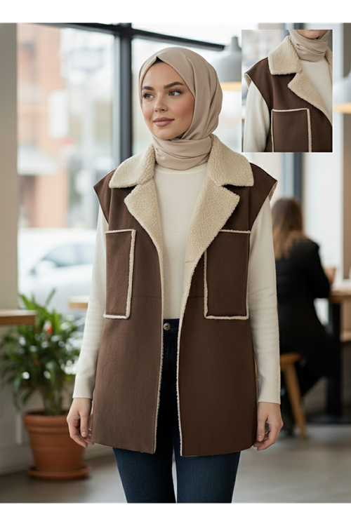 Kürklü Süet Üstten Çift Cepli Ceket-Kahve