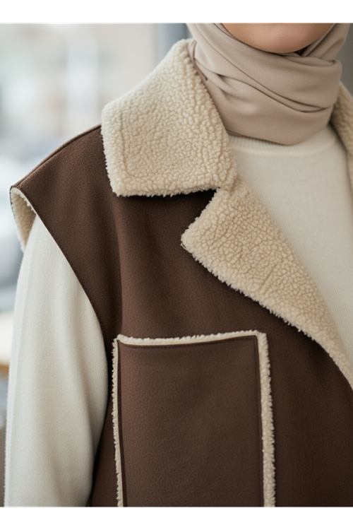 Kürklü Süet Üstten Çift Cepli Ceket-Kahve