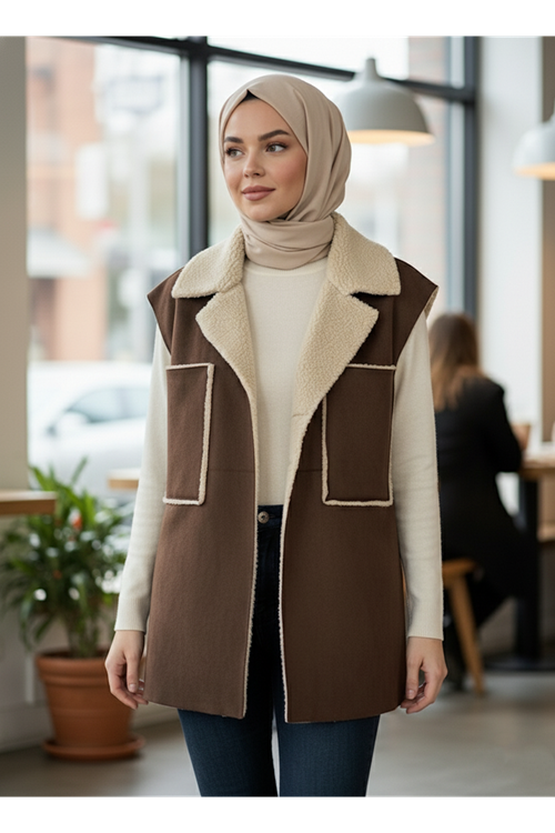 Kürklü Süet Üstten Çift Cepli Ceket-Kahve