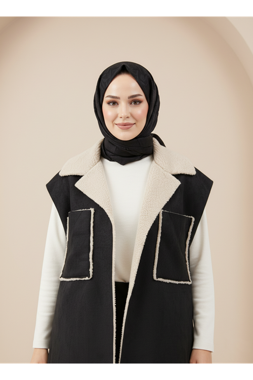 Kürklü Süet Üstten Çift Cepli Ceket-Siyah