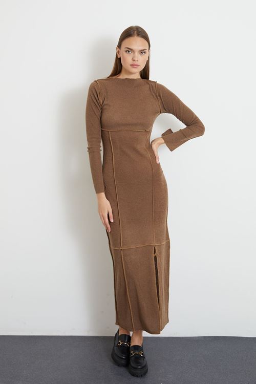 Eteği Yırtmaçlı Uzun Triko Elbise-Hardal