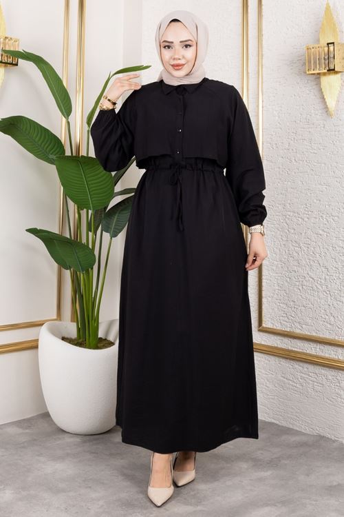 Aller Detay Beli Tünel Elbise-Siyah