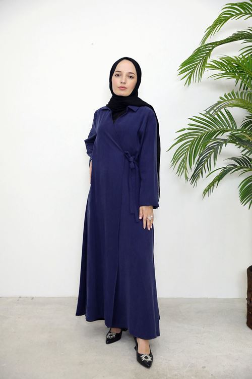 Yakalı Yandan Bağlamalı Elbise-Lacivert