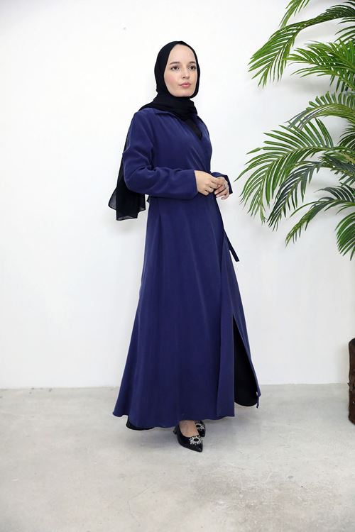 Yakalı Yandan Bağlamalı Elbise-Lacivert