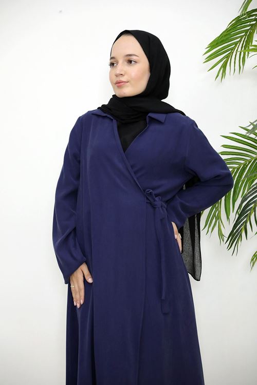 Yakalı Yandan Bağlamalı Elbise-Lacivert