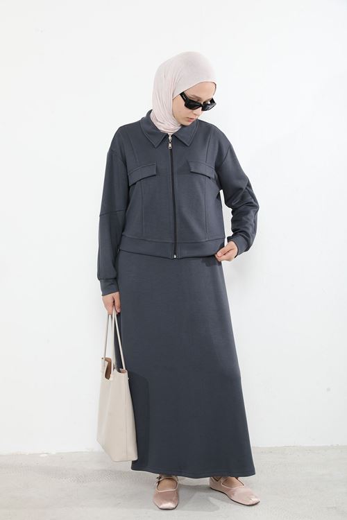 Yakalı Fermuar Detay Jileli Takım-Antrasit