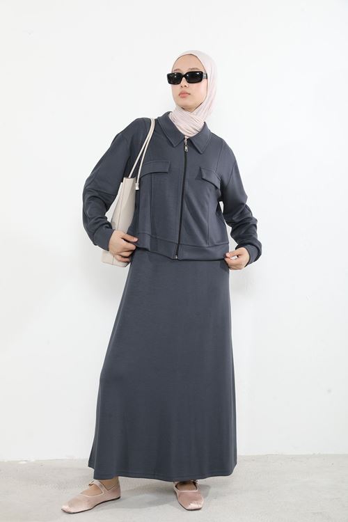 Yakalı Fermuar Detay Jileli Takım-Antrasit