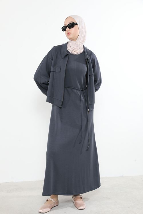 Yakalı Fermuar Detay Jileli Takım-Antrasit