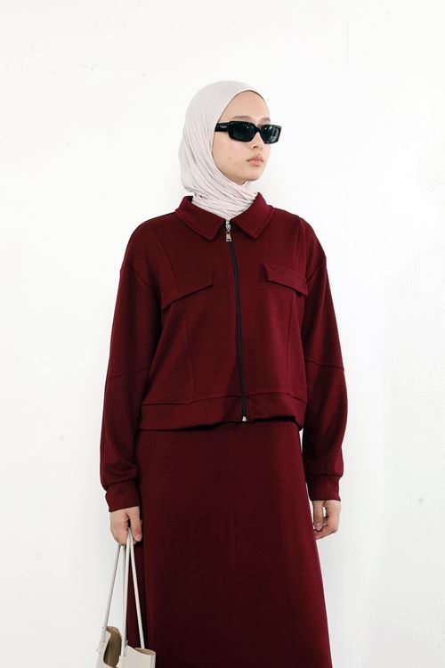 Yakalı Fermuar Detay Jileli Takım-Bordo