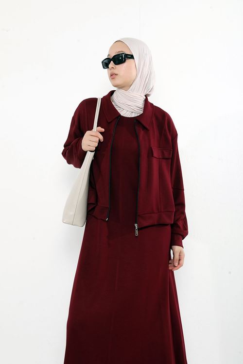 Yakalı Fermuar Detay Jileli Takım-Bordo