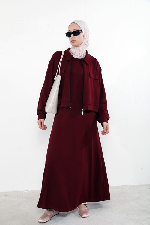 Yakalı Fermuar Detay Jileli Takım-Bordo