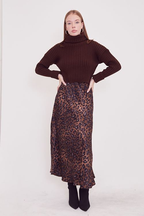 Volanlı Baskılı Etek-Kahve