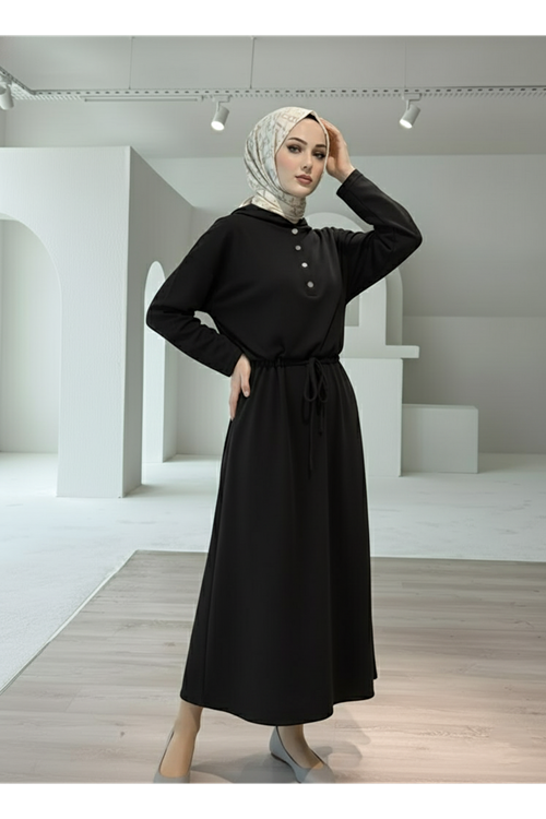 Ön Bağcıklı İkili Elbise-Siyah