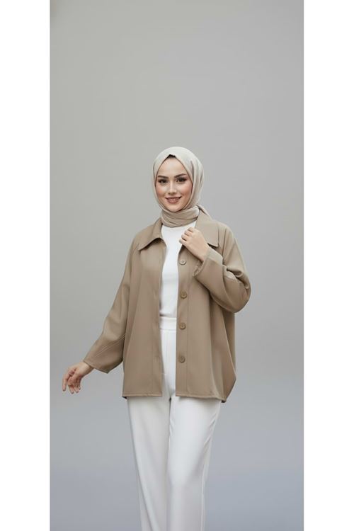 Casual Relax Fit Giy Çık Bondit Hırka-Bej