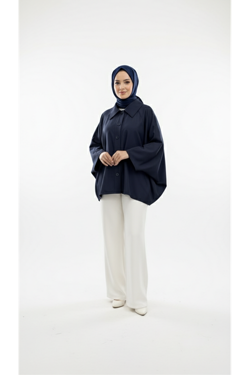 Casual Relax Fit Giy Çık Bondit Hırka-Lacivert